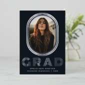 Bleu élégant Retro Graduation Photo Faire-part (Debout devant)