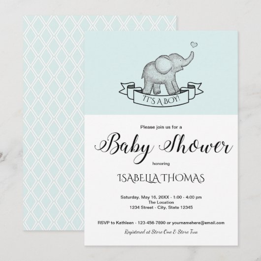 Bleu Eléphant Cute Baby shower Invitation (Devant / Derrière)