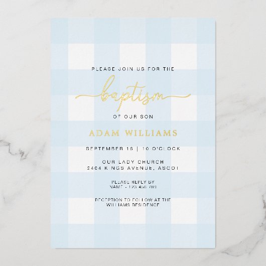 Bleu En vichy Baptême Gold Foil Invitation (Recto)