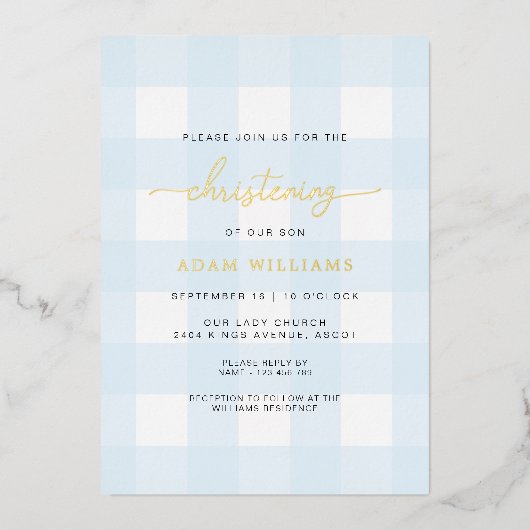 Bleu En vichy Christening Gold Foil Invitation (Recto)