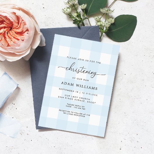 Bleu En vichy Christening Invitation