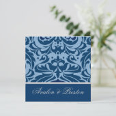 Bleu et Argent Damask Élégante invitation de maria (Debout devant)