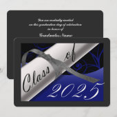 Bleu et argent Faire-part de graduation (Devant / Derrière)