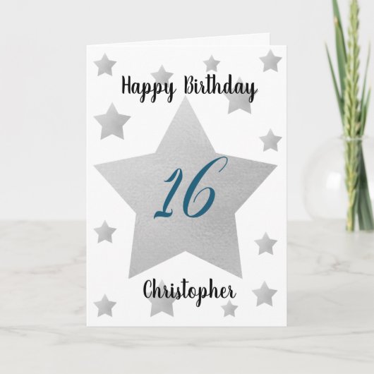 Bleu et Argent Stars 16e Anniversaire Carte (Devant)