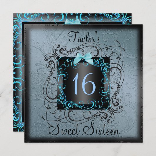 Bleu et Black Frame Sweet16 Invitation d'anniversa (Devant / Derrière)