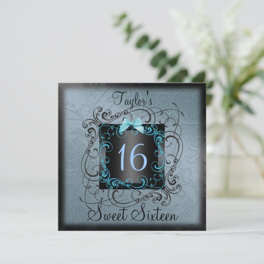 Bleu et Black Frame Sweet16 Invitation d'anniversa (Debout devant)