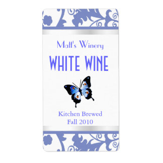Bleu et blanc Damas et Étiquettes de vin de papill