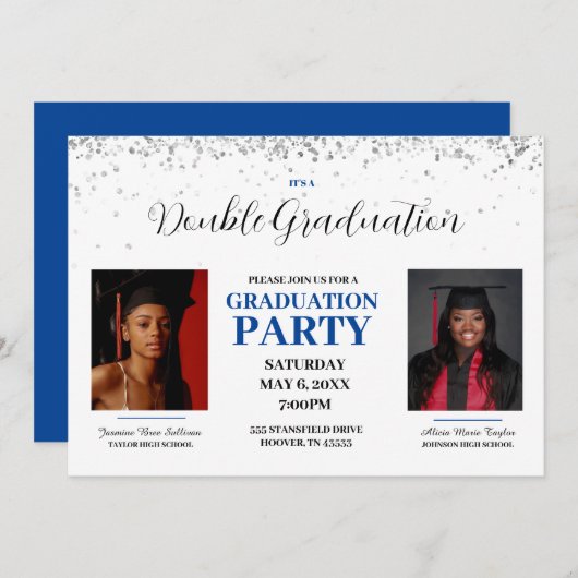 Bleu et blanc Invitation de double diplôme (Devant / Derrière)