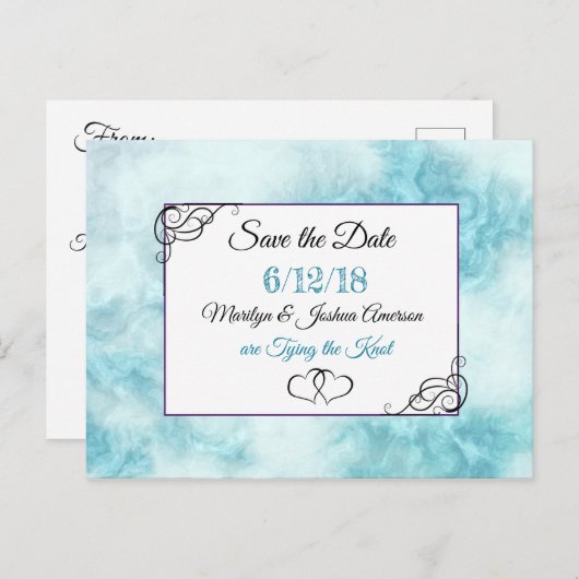 Bleu et blanc marbré Enregistrer la date carte pos (Devant / Derrière)