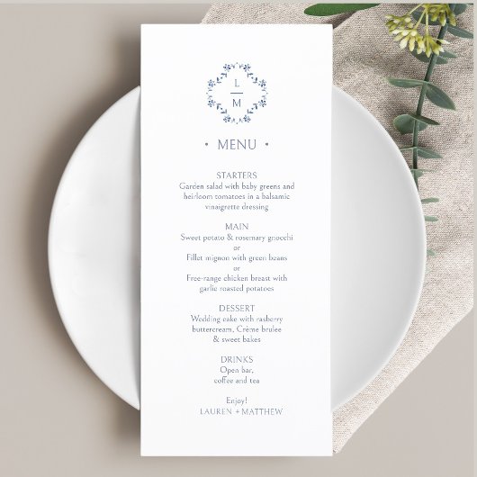 Bleu et blanc | Menu Mariage plat Monogramme flora