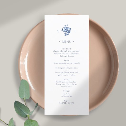 Bleu et blanc | Menu Mariage plat Monogramme flora