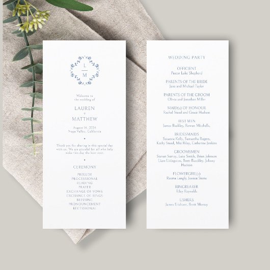 Bleu et blanc | Programme de mariage du monogramme