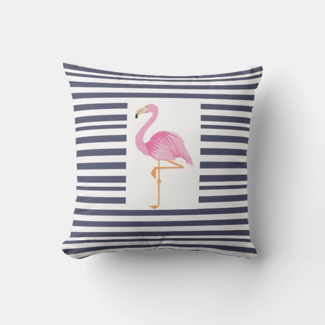 Bleu et blanc rayures coussin flamingo (Recto)
