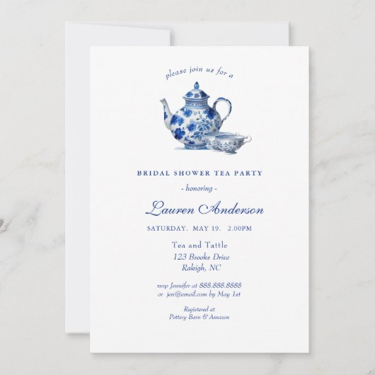 Bleu et blanc Teapot nuptiale douche Invitation (Devant)