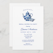 Bleu et blanc Teapot nuptiale douche Invitation (Devant / Derrière)