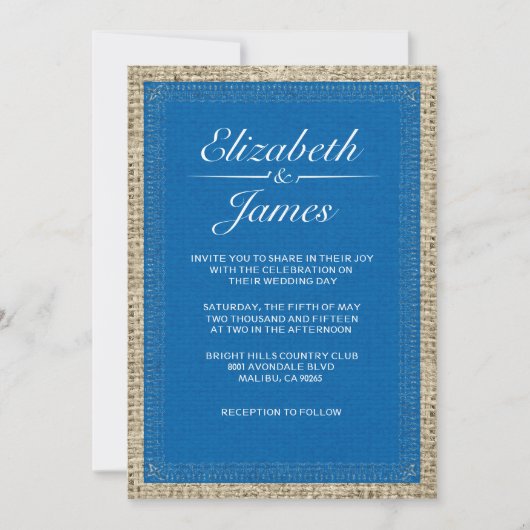 Bleu et blanc Vintage Burlap Invitations de mariag (Devant)