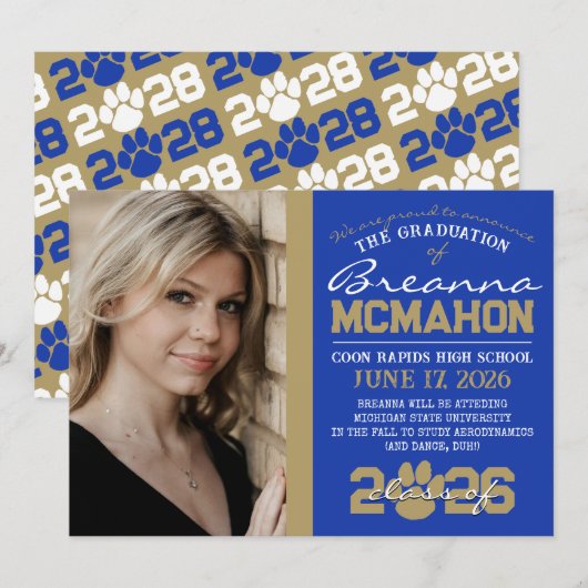 Bleu et bronze Empreinte de patte Faire-part de gr (Devant / Derrière)