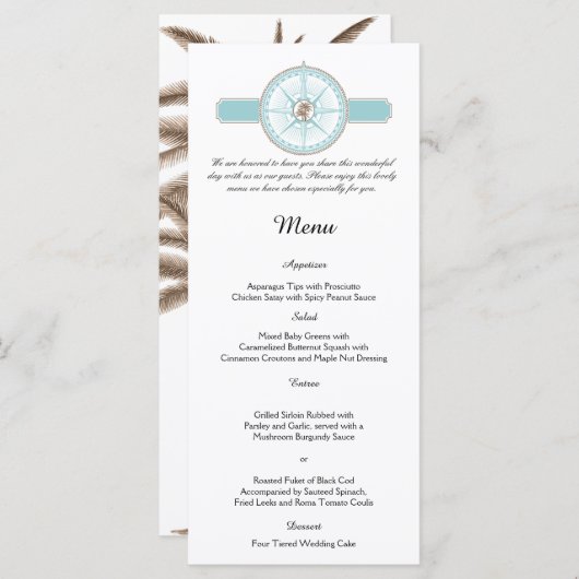 Bleu et Gold Compass Rose Beach Wedding Menu (Devant / Derrière)