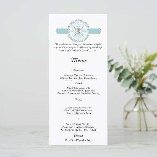 Bleu et Gold Compass Rose Beach Wedding Menu (Debout devant)