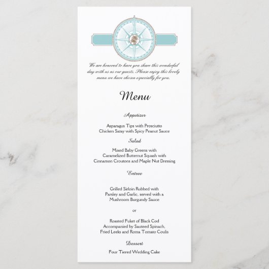 Bleu et Gold Compass Rose Beach Wedding Menu (Devant)