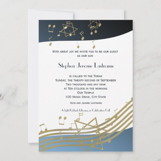 Bleu et Gold Music Bar Mitzvah Invitation (Dos)