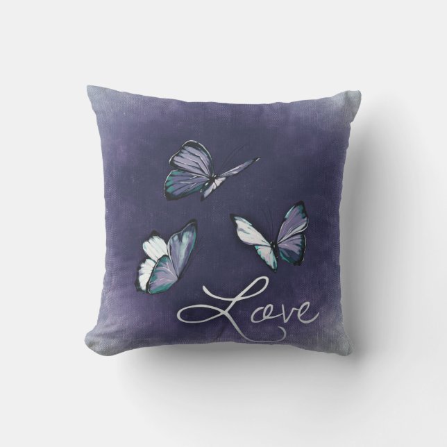 Bleu et gris papillon Saint-Valentin Coussin (Recto)