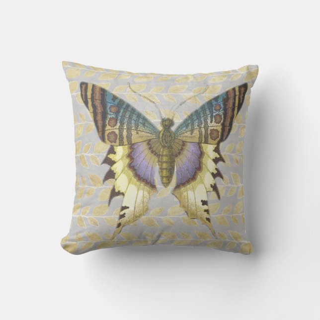 Bleu et jaune Vintage style Coussin papillon (Recto)