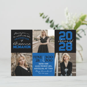 Bleu et noir 3 Photo Graduation Invitation