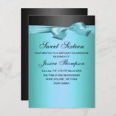 Bleu et noir Bow Sweet 16 Anniversaire Invitation (Devant / Derrière)