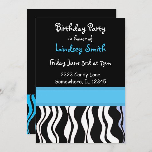 Bleu et noir Zèbre Imprimer Invitation d'anniversa (Devant / Derrière)