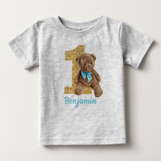 Bleu et or 1er anniversaire Teddy Bear T-shirt béb (Devant)