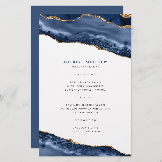 Bleu et or Agate Bordure Dîner Menu (Devant / Derrière)
