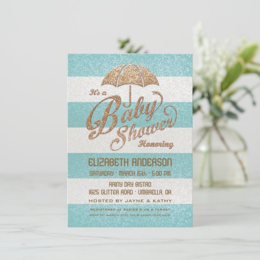 Bleu et or Bébé Garçon Invitation douche (Debout devant)