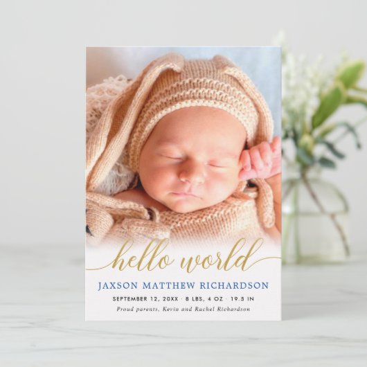 Bleu et or bonjour monde bébé garçon faire-part (Debout devant)