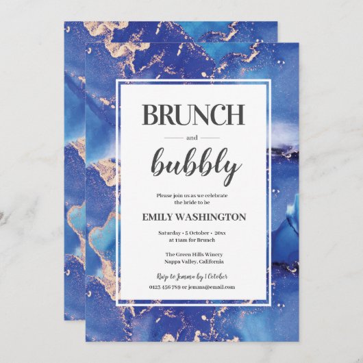 Bleu et or Brunch & Bubbly Invitation (Devant / Derrière)