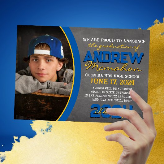 Bleu et or Chalkboard Graduation Faire-part