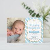 Bleu et or Christening Boy Photo Invitation (Debout devant)