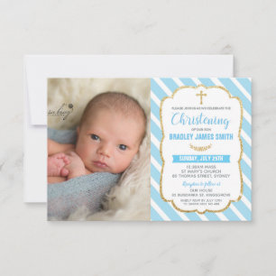 Bleu et or Christening Boy Photo Invitation