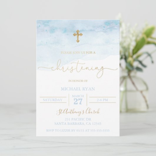 Bleu et or Christening Invitation Baby Boy (Debout devant)