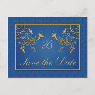 Bleu et or Floral Damask Enregistrer la carte Date