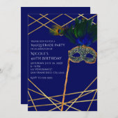 Bleu et or Peacock Masquerade Party Invitations (Devant / Derrière)