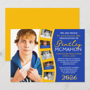 Bleu et or Photo Filmstrip Grad Faire-part