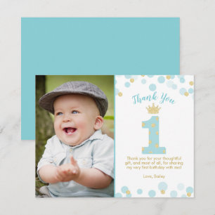 Bleu et or Prince 1er anniversaire Carte de remerc
