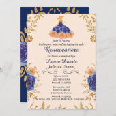 Bleu et or Quinceañera Invitation Gold Fleurs (Devant / Derrière)