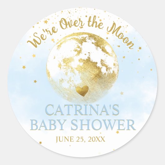 Bleu et or sur la lune Sticker Baby shower (Devant)