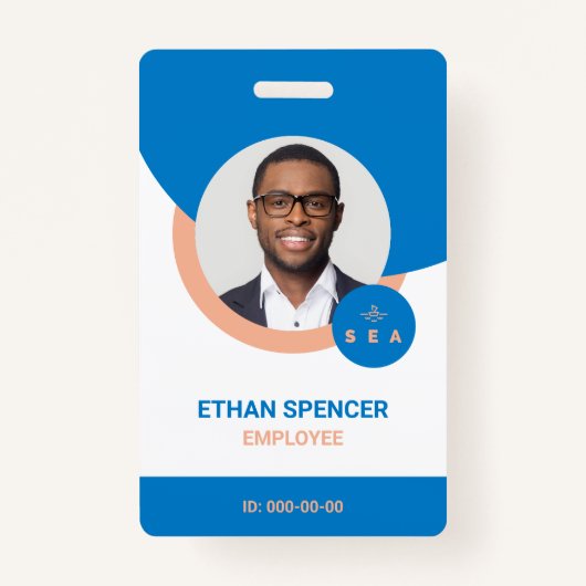 Bleu et orange Moderne Employé Photo ID Badge (Devant)