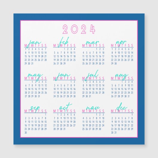 Bleu et rose 2024 Lundi-Début Magnet Calendrier (Devant)
