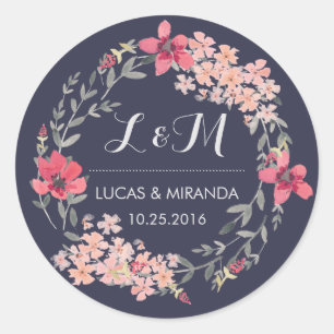 Bleu et rose fleuri Wreath Wedding Favor Sticker