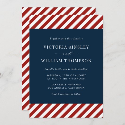 Bleu et rouge Faire-part de mariage des rayures na (Devant / Derrière)