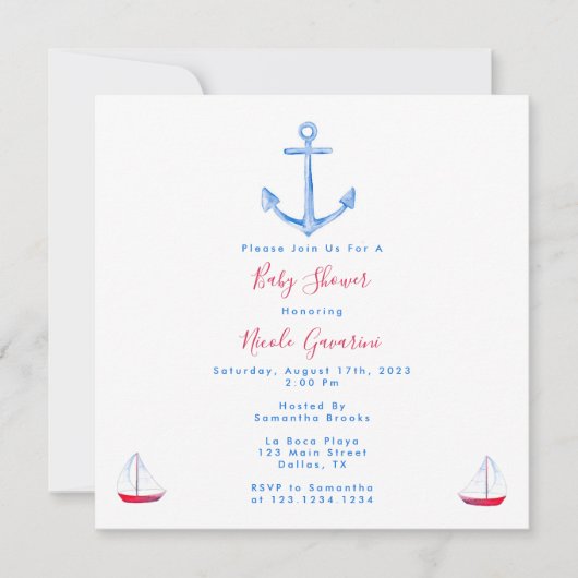Bleu Et Rouge Nautique Bébé Douche Invitations (Devant)
